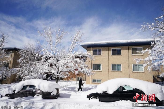 資料圖：當(dāng)?shù)貢r間2021年3月15日，美國科羅拉多州丹佛，當(dāng)?shù)赜瓉韽姳╋L(fēng)雪天氣，城市被積雪覆蓋。