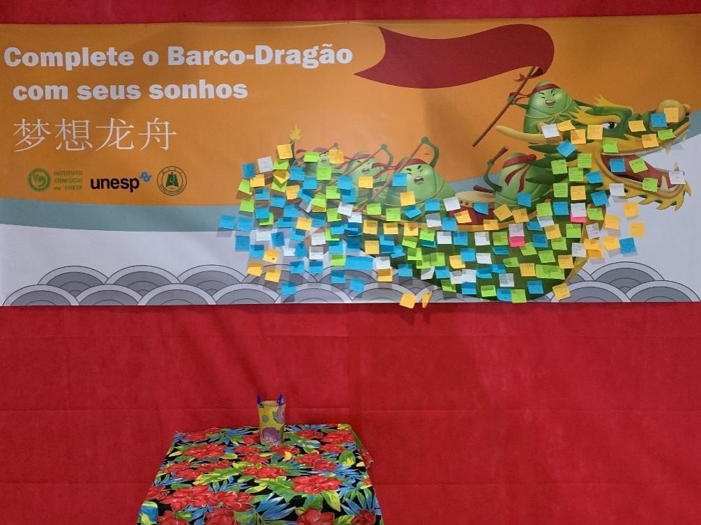 活動現(xiàn)場設置了“夢想龍舟”環(huán)節(jié)，大家將自己寫下的心愿貼在“龍舟”上，期盼“龍舟”承載自己的夢想駛向更美好的未來。（圣保羅州立大學孔子學院供圖）