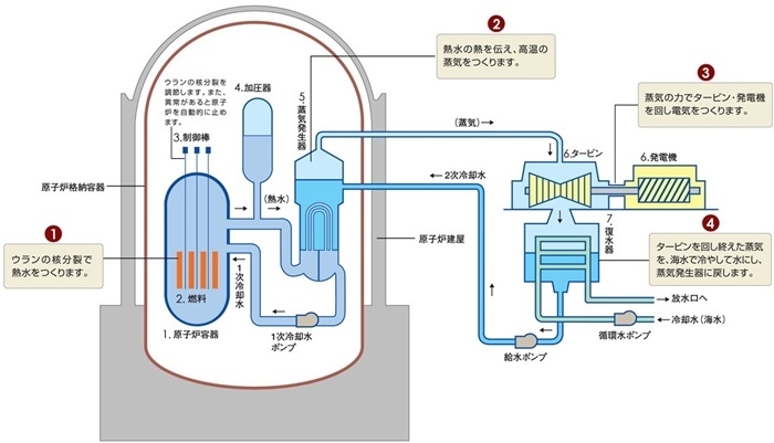 核電站運作原理圖。通常的核電站排水未直接接觸核燃料。（圖片來源：日本北海道電力株式會社網(wǎng)站）