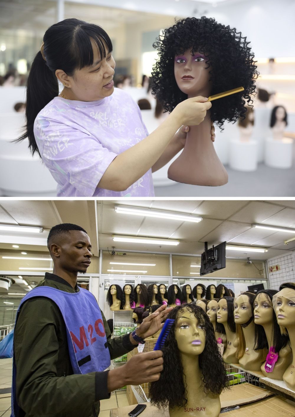 拼版照片：上圖為2023年5月25日，工人在湖南邵陽陽光發(fā)品有限公司展廳展示假發(fā)（新華社記者薛宇舸攝）；下圖為2023年6月9日，一名店員在湖南邵陽陽光發(fā)品有限公司位于南非約翰內(nèi)斯堡的店鋪內(nèi)展示假發(fā)（新華社記者張譽(yù)東攝）。新華社發(fā)