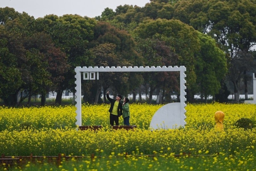  游客在浙江嘉興市秀洲區(qū)王店鎮(zhèn)鎮(zhèn)中村的“青青樂(lè)地”農(nóng)耕文化園內(nèi)游玩（2023年4月3日攝）。