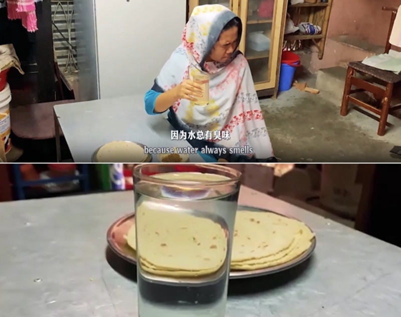 圖為紀(jì)實(shí)短片截圖：上圖為水質(zhì)未改善前，飲用水發(fā)黃渾濁；下圖為水廠建成后，飲用水水質(zhì)明顯改善，清澈透明。