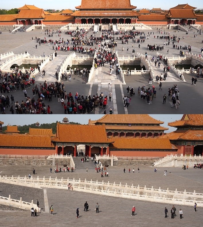 上午9時(shí)和下午13時(shí)的太和門廣場(chǎng)客流對(duì)比。故宮博物院供圖