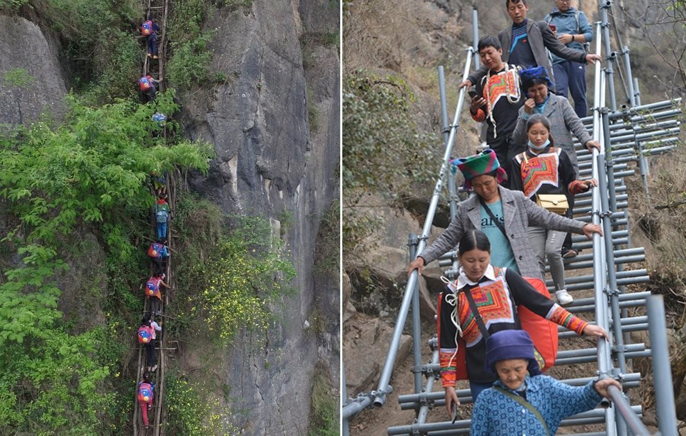 “懸崖村”今昔對比：左圖為2016年5月14日，“懸崖村”的孩子們攀爬木梯回家。右圖為2020年5月13日，“懸崖村”村民帶著行李通過鋼梯下山，搬遷至易地扶貧集中安置點(diǎn)的新家。