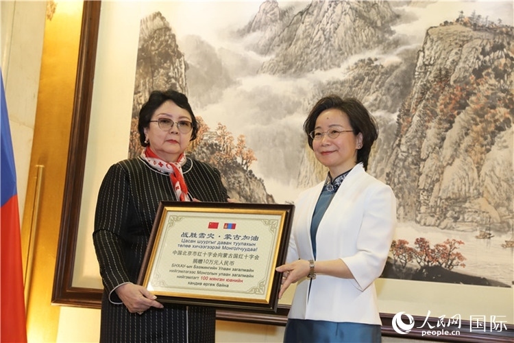 沈大使向?qū)殑跔柆敚ㄗ螅┟貢L轉(zhuǎn)交捐款。人民網(wǎng)記者 霍文攝