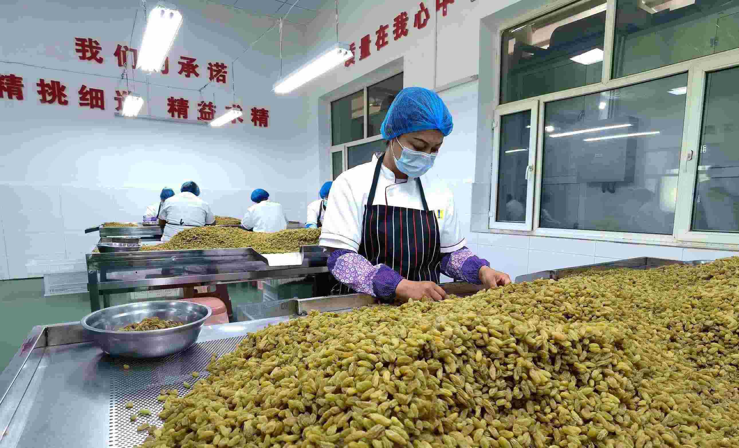 新疆吐魯番市高昌區(qū)亞爾鎮(zhèn)新城西門村，村民們在分揀葡萄干。