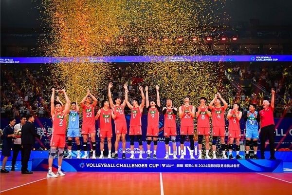 中國隊奪得2024年國際排聯(lián)男排挑戰(zhàn)者杯冠軍。圖片來源：國際排聯(lián)