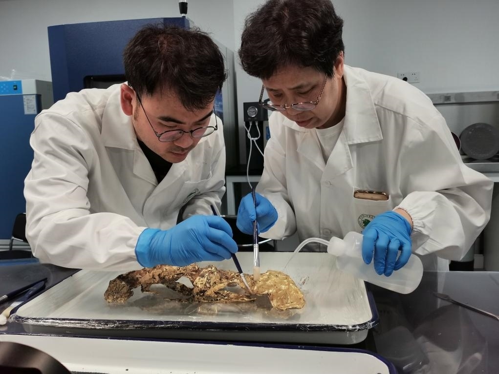 2023年7月，馬燕如（右）帶著魯海子（左）修復(fù)三星堆遺址出土的黃金面具。新華社發(fā)（四川省文物考古研究院供圖）