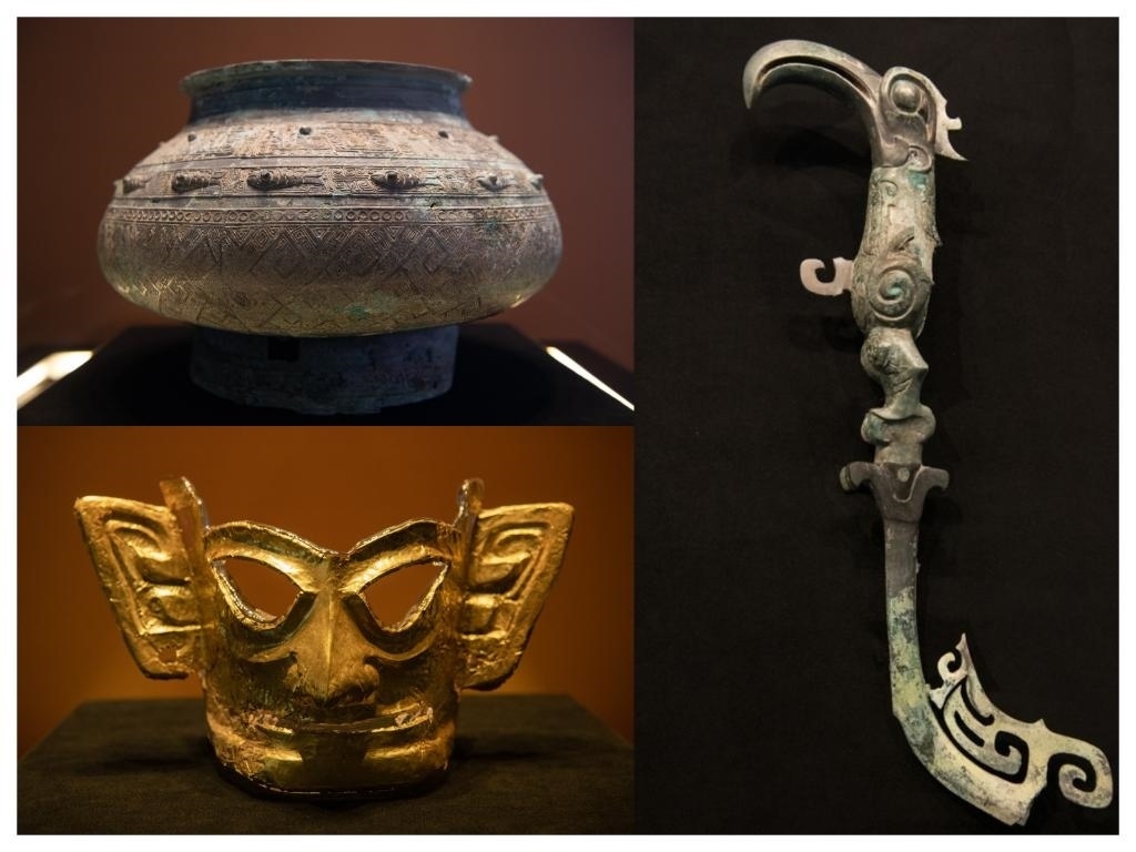 拼版照片：左上圖為青銅瓿，左下圖為黃金面具，右圖為青銅樹枝。新華社記者唐文豪 攝
