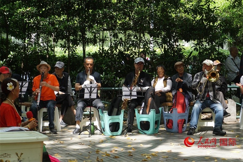 成都居民在公園里演奏歌曲。人民網(wǎng) 王禹蘅攝