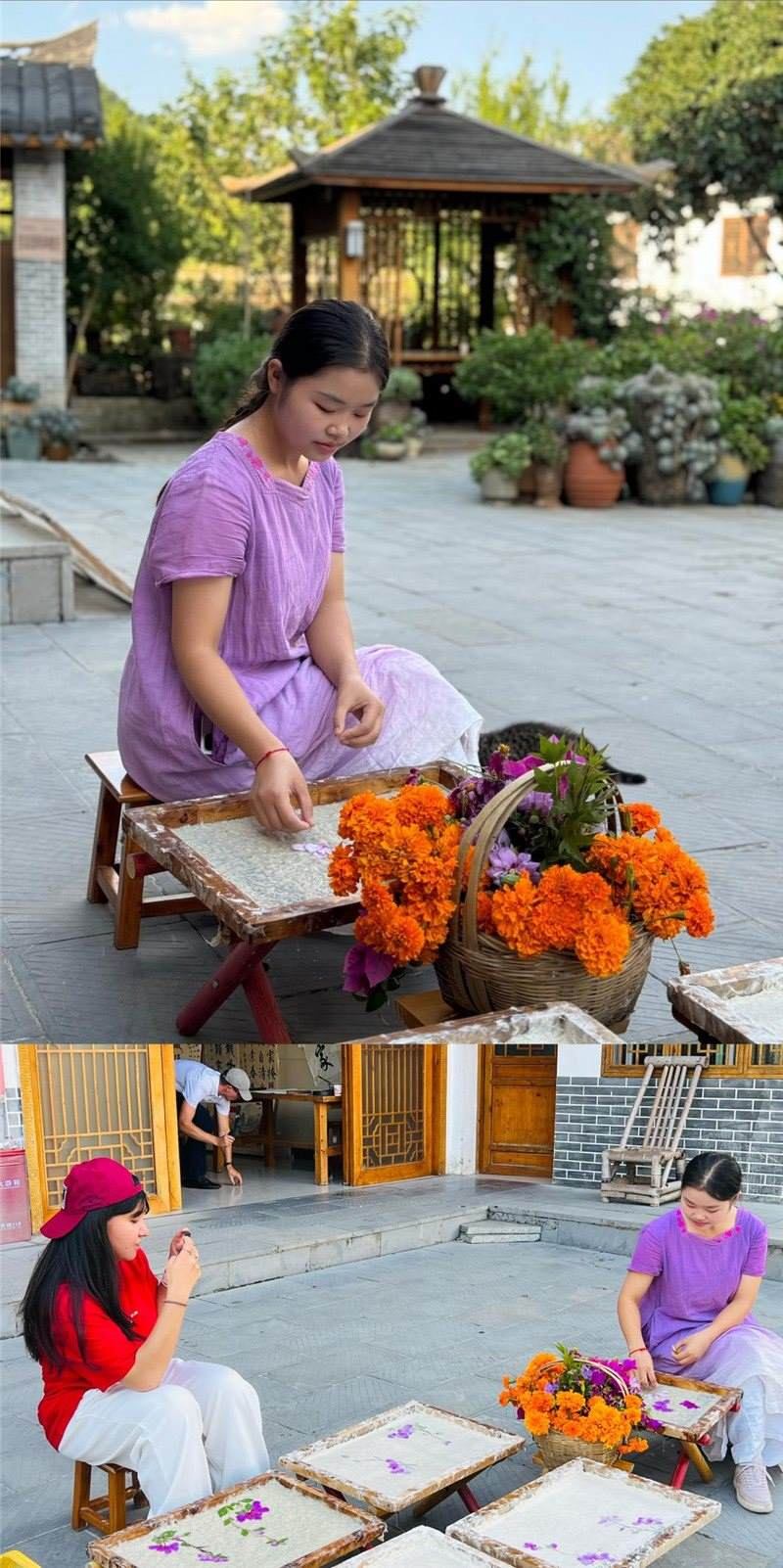 沒有女生不愛花。以古法造紙技藝為基礎(chǔ)，再輔以花草枝葉勾勒各式圖案，創(chuàng)作出花茂村獨(dú)具特色的紙漿壓花畫，少女手中的花是她眼中的風(fēng)景，而她與正在制作的紙漿壓花畫也是別人眼中的風(fēng)景。（哈薩克斯坦BAQ通訊社高級記者古爾詹·拉曼庫洛娃、張亞欣攝）