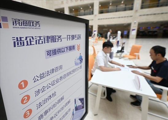在天津濱海新區(qū)政務(wù)服務(wù)中心，工作人員在“涉企法律服務(wù)一件事”專區(qū)為市民提供服務(wù)（2024年7月31日攝）。新華社記者 趙子碩 攝