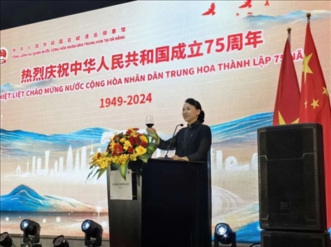 中國(guó)駐峴港總領(lǐng)事董碧幽在招待會(huì)上致辭。中國(guó)駐峴港總領(lǐng)館供圖