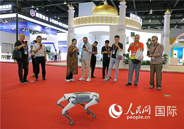東博會(huì)上，觀眾正在參觀一只機(jī)器狗。綠色能源、新能源汽車、綠色農(nóng)產(chǎn)品等成為本屆東博會(huì)觀眾關(guān)注的焦點(diǎn)。人民網(wǎng)記者 趙益普攝