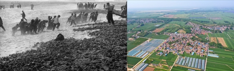 拼版照片：左圖為蘭考群眾在拉淤土壓沙（新華社記者 鄧歷耕 攝）；右圖為2024年4月25日拍攝的蘭考縣張莊村（無(wú)人機(jī)照片，新華社記者 郝源 攝）。