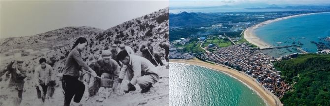 拼版照片：左圖為東山縣群眾在荒山上種植樹苗（資料照片）；右圖為2020年6月18日拍攝的東山縣陳城鎮(zhèn)澳角村附近風(fēng)光（無(wú)人機(jī)照片，新華社記者 姜克紅 攝）。