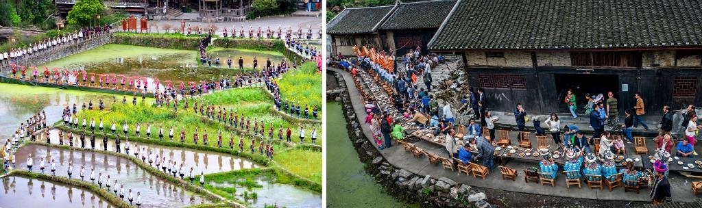 左圖：近期，人們?cè)诶杵娇h肇興侗寨的田園里演唱侗族大歌（黎平縣委宣傳部供圖）；右圖：這是2023年拍攝的十八洞村長桌宴（湘西州委宣傳部供圖）。