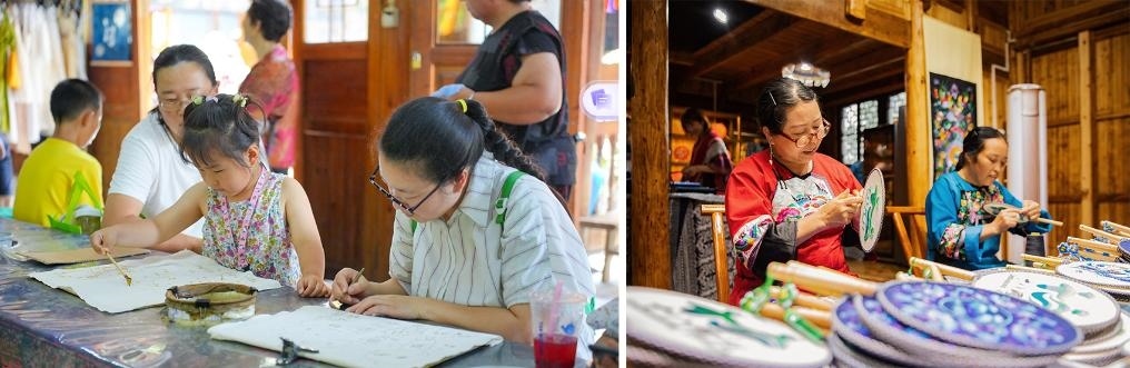 左圖：近期，游客在黎平縣肇興侗寨體驗(yàn)非遺蠟染藝術(shù)（黎平縣委宣傳部供圖）；右圖：這是2024年拍攝的繡娘在十八洞村梨子寨苗繡鄉(xiāng)村振興示范基地制作苗繡產(chǎn)品（湘西州委宣傳部供圖）。