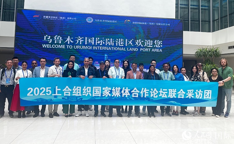 5月26日，外國媒體人在烏魯木齊國際陸港區(qū)合影留念。 人民網(wǎng)記者 翟轉(zhuǎn)麗攝